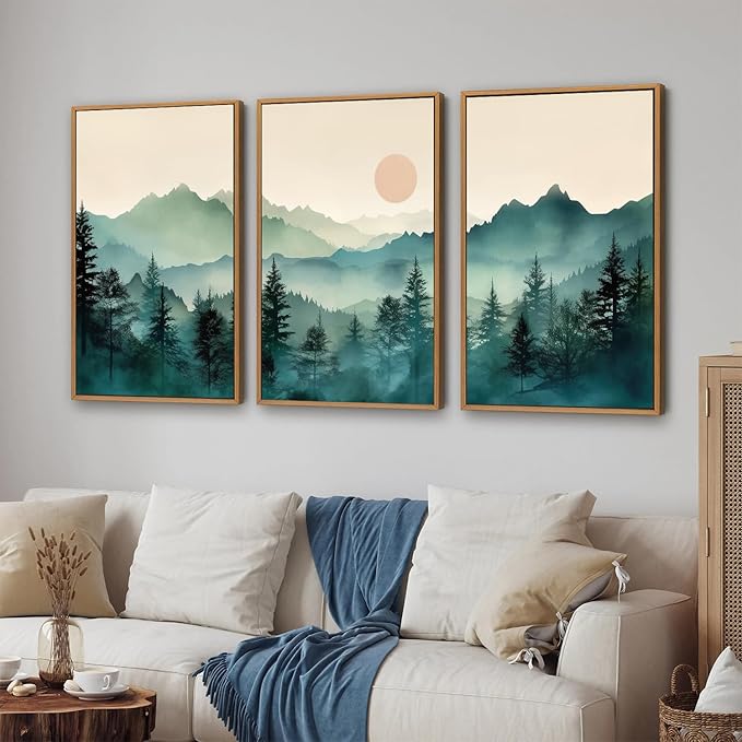 SIGNINART Large Mountain Framed Canvas Wall Art Set, Abstract Misty Forest Wall Decor, Foggy Nature Pine Tree Wall Painting, Modern Boho Sunrise Art Prints for Bedroom Living Room and Office 24