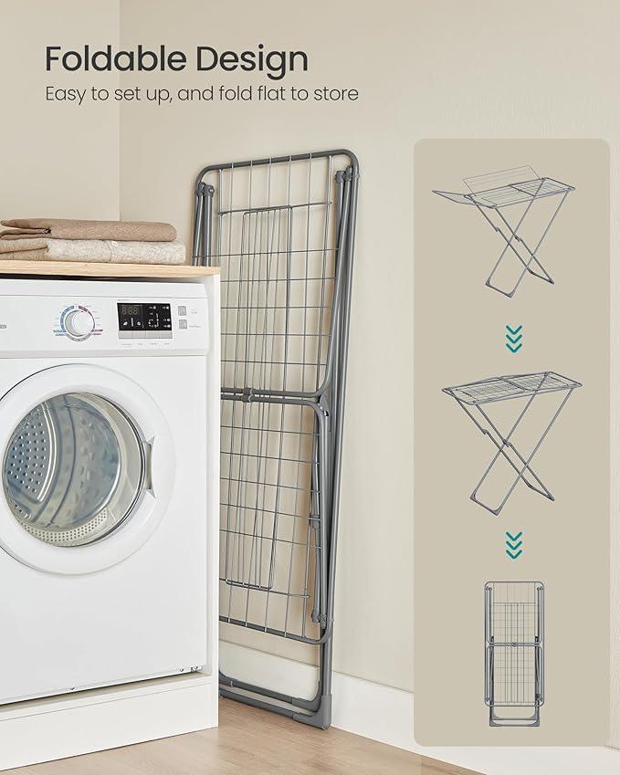 SONGMICS Clothes Drying Rack, Metal Laundry Drying Rack, Foldable, Space-Saving, Free-Standing Airer, with 4 Gullwings, Indoor Outdoor Use, Bed Linen Clothing, Gray ULLR541G01