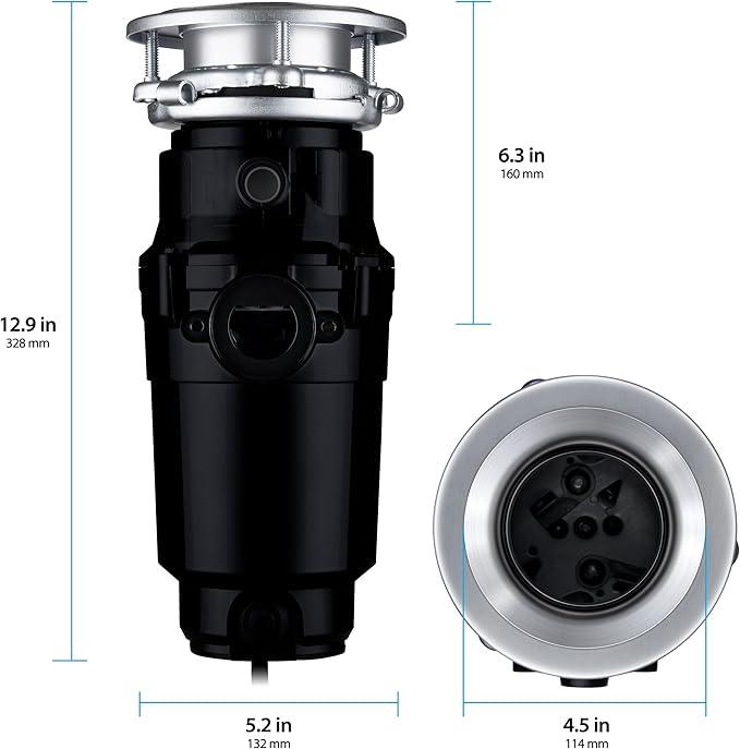 Waste Maid 10-US-WM-158-3B Garbage Disposal Anti-Jam Stainless Steel Food Waste Grinding System, 1/2 HP Standard, Black