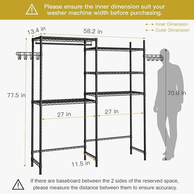 Ulif U5 Over the Washer and Dryer Storage Shelf, Laundry Room Space Saver Bathroom Storage and Organizer Rack for Hanging Towels and Drying Clothes with 5 Wire Shelves, 58.2