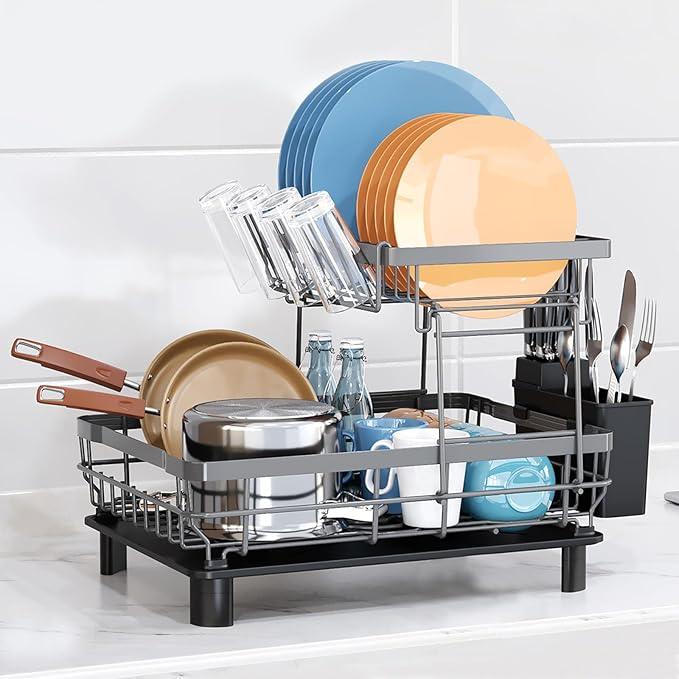 GAXmi Dish Drying Rack Over The Sink Dish Drainer with Drainboard Utensil Holder Cup Holder, 2-Tier Grey