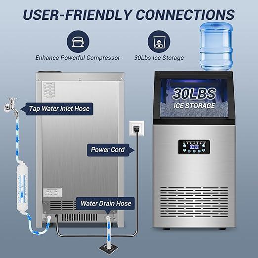 Commercial Ice Maker Machine 120LBS/24H with 30LBS Storage Bin, 15