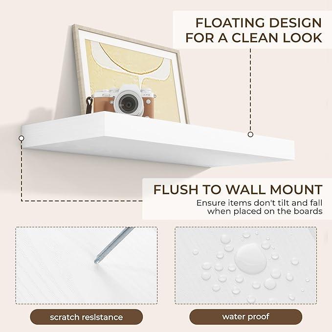 RICHFOCUS 24Inch Floating Shelves for Wall 2 Pack Shelves for Bedroom|Kitchen|Bathroom Wall Mounted Rustic Wood Floating Shelf with Invisible Brackets for Books|Storage|Decor, White