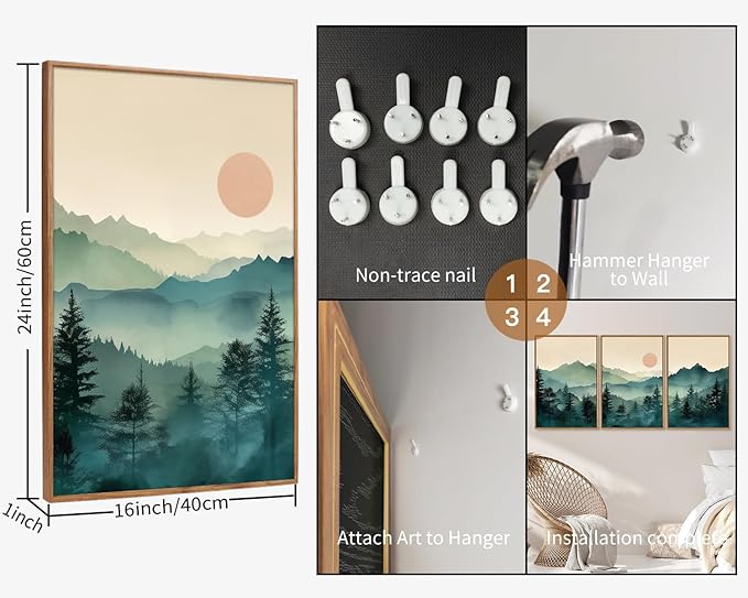 SIGNINART Large Mountain Framed Canvas Wall Art Set, Abstract Misty Forest Wall Decor, Foggy Nature Pine Tree Wall Painting, Modern Boho Sunrise Art Prints for Bedroom Living Room and Office 24