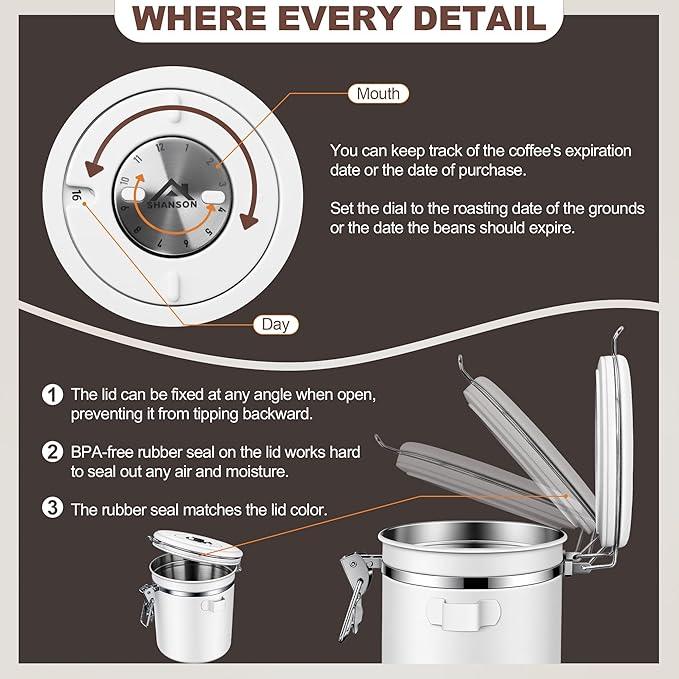 ShanSon Coffee Canister Airtight Coffee Container Stainless Steel Coffee Bean Storage Container with Scoop Coffee Canister for Beans Grounds Sugar Flour Tea Cereal,11OZ, White