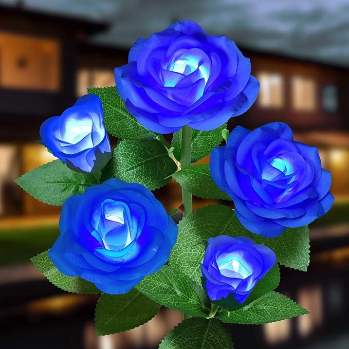 Solar Flower Lights Outdoor - Upgraded New Material Two Modes Realistic LED Solar Powered Waterproof Lights with 5 Roses, Solar Decorative Stake Lights for Garden (Blue, 1 Pack)