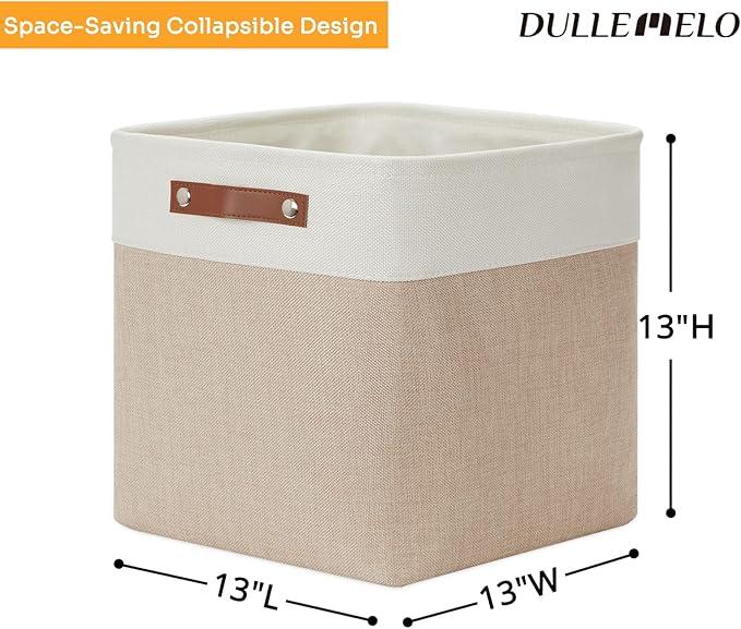 DULLEMELO Fabric Storage Cubes,13 inch Cube Stroage Bins for Empty Gift Basket,Toy Nursery Storage Linen Closet Organizers and Storage Baskets Shelves Bins(White&Khaki)