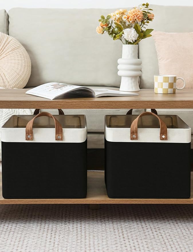 StorageWorks Storage Bins, Fabric Storage Bins for Shelves, Large Storage Baskets with Metal Frame, Closet Baskets and Bins with Handles, Black and White, 2-Pack