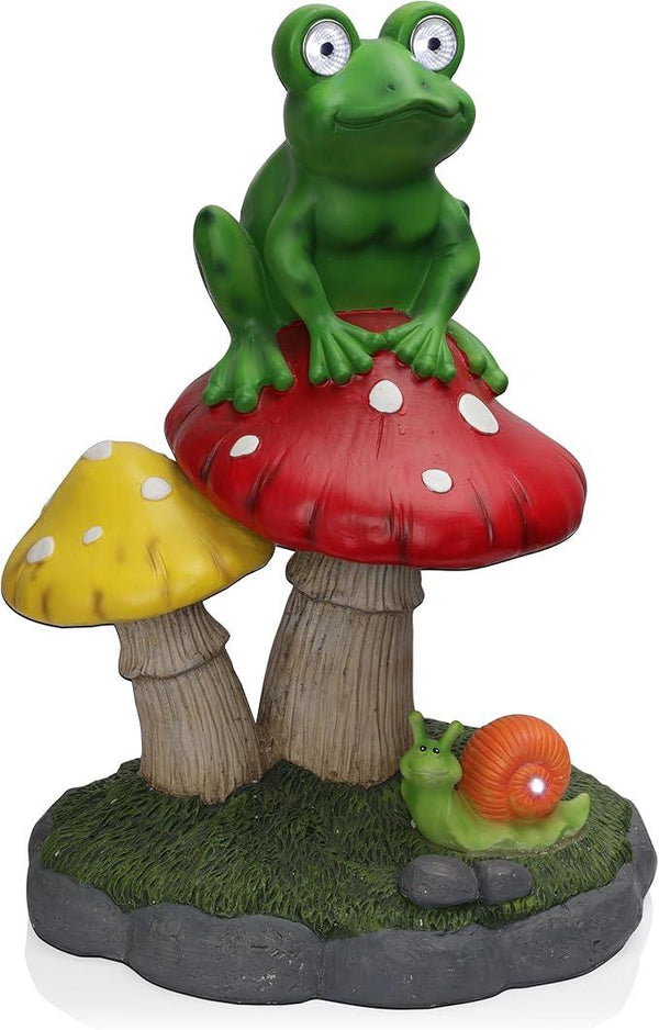 Alpine Corporation ZEN390SLR-L Frog on Mushroom Statue with LED Lights, Solar-Powered LED Frog Garden Statue, 24