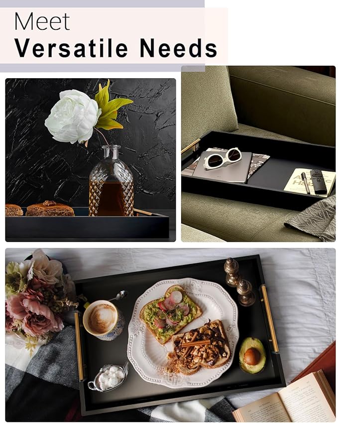 22 Inch Rectangle Black Ottoman Tray with Gold Metal Handles, Extra Large Wooden Serving Tray for Living Room, Coffee Table, Kitchen & Hosting