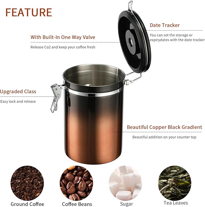 malmo Coffee Canister, Airtight Coffee Container with Date Tracker Lid, Stainless Steel Canister for Kitchen Food Storage (Black-Copper, 22oz)
