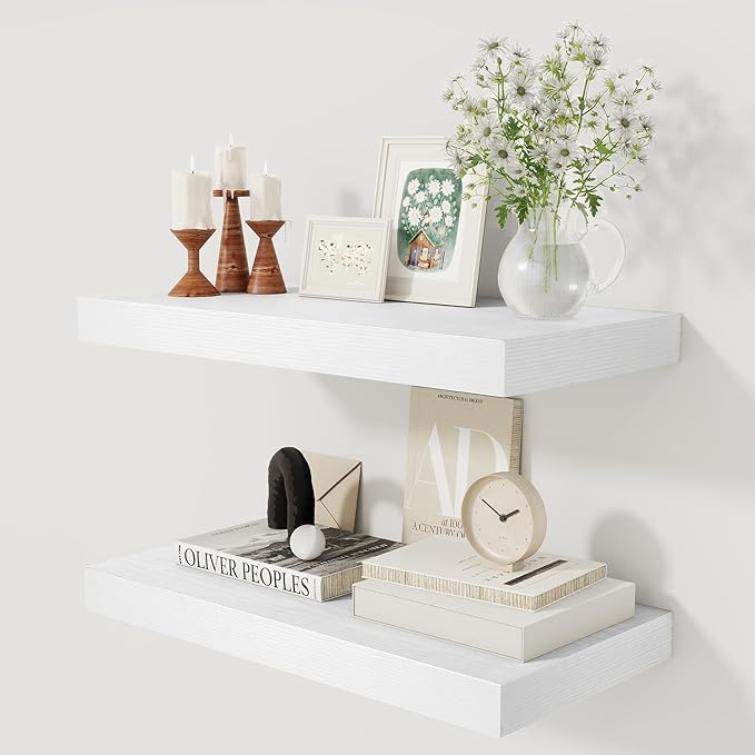 12 Inch Deep White Floating Shelves, 24 x 12 Floating Shelf for Books, Rustic Wood Deep Wall Shelves for Home Storage & Display, 2