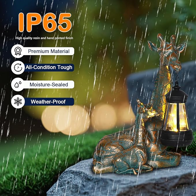 Solar Garden Decor - Mother Baby Giraffe Statue with Solar Lantern 9.7