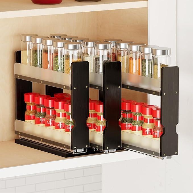 SpaceAid Bamboo Pull Out Spice Rack Organizer for Cabinet, Heavy Duty Slide Out Seasoning Kitchen Pantry Sliding Vertical Organization, 7.6