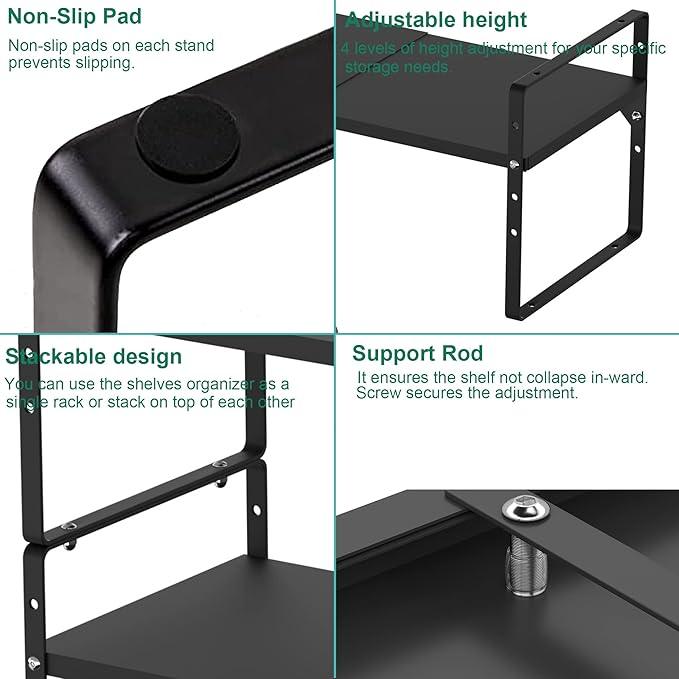 iPEGTOP 2 Pack Expandable Cabinet Storage Shelf Organizer Rack, Heavy Duty Steel Metal Spice Rack Adjustable Height Office Garage Pantry Shelf Space Riser for Counter Kitchen Organization, Black