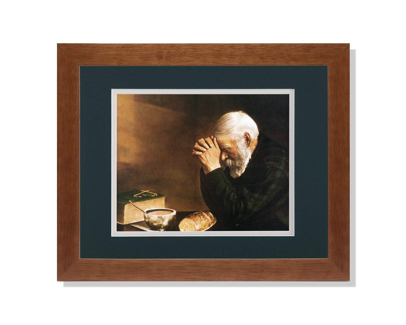 Religious Framed Art – Daily Bread Print With Man Praying, Oak Wood Frame & Double Mat