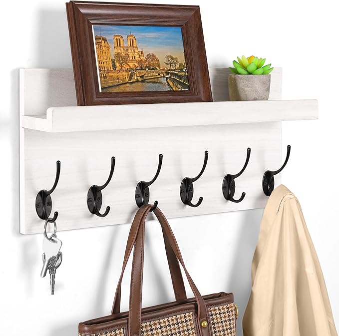 Shelf with Hooks, Coat Rack Wall Mount with 6 Double Metal Hooks, 17 Inch Farmhouse Wall Hooks with Shelf for Entryway, Bathroom, Kitchen, White
