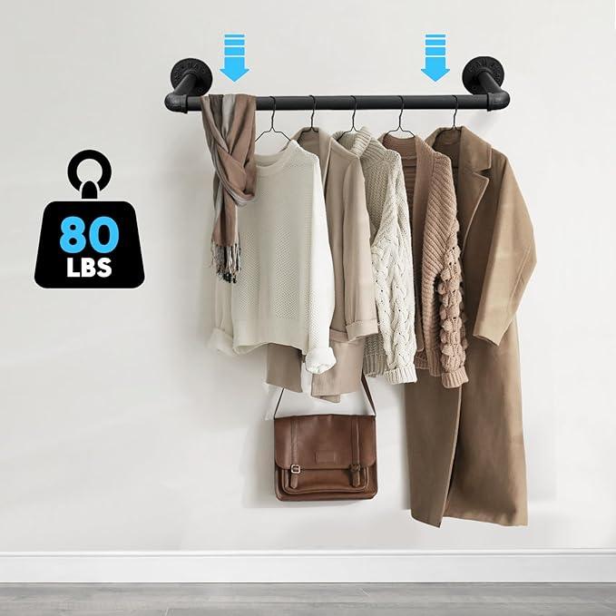 Industrial Pipe Clothes Rack Set of 2, 21” Heavy Duty Wall Mounted Clothing Rack Multi-Purpose Garment Bar, Space-Saving Hanging Rod for Laundry Room,Closet Storage