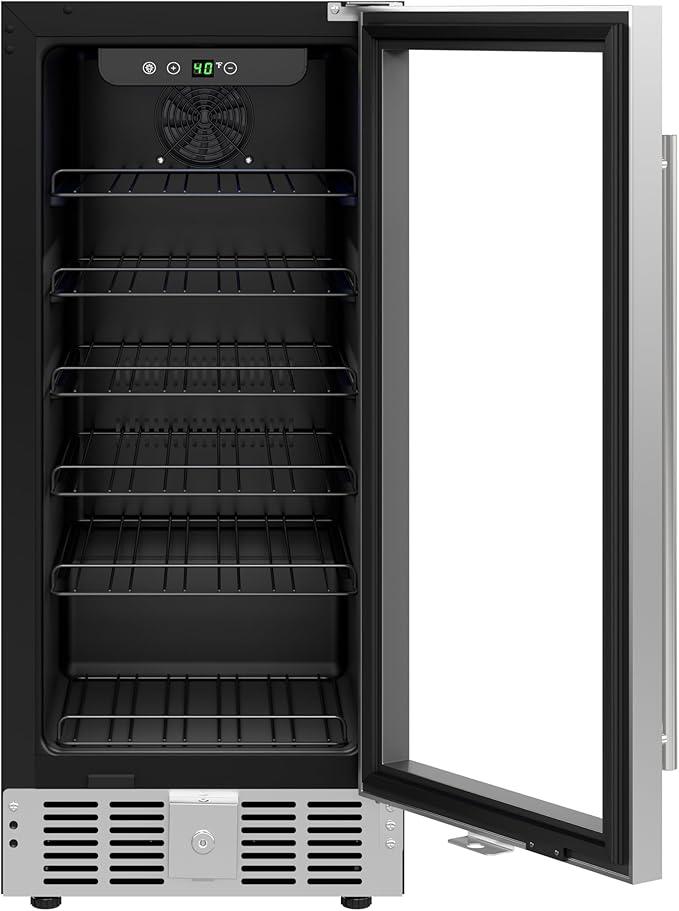 KoolMore 15” Inch Small Built-In Refrigerator and Beverage Cooler for Soda Cans, Beer Cans, Food and Fresh Snacks, 5 Wire Shelves, Adjustable Temperature Range (KM-BIR3C-GD), Stainless Steel