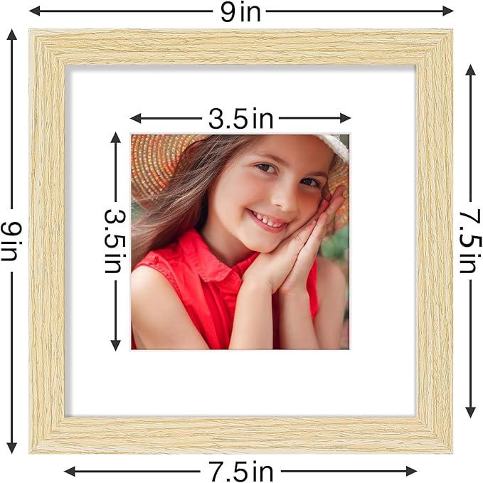 Vittanly 8x8 Picture Frames Set of 9, Shatter Resistant Plexiglass, Display 4x4 Pictures with Mat or 8x8 without Mat, Photo Frames for Wall Mount, Engineered Wood, OAK
