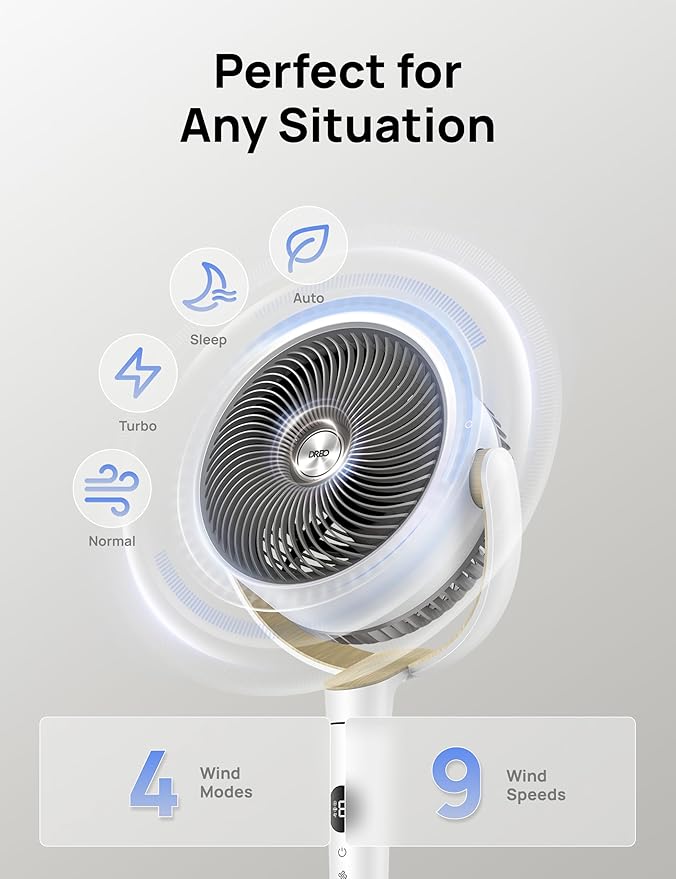 Dreo Fan for Bedroom, 120° Oscillating Standing Fan, Quiet Pedestal Fan with DC Motor, 9 Speeds, 4 modes, 20dB, 120° Manual Vertical, 37-42
