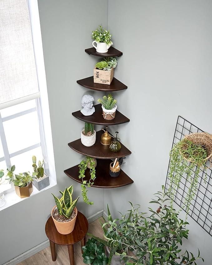 Corner Shelves, Floating Corner Shelf, Set of 2 10inch Solid Oak Wood Corner Wall Shelves, Round End with Wire Hole for Small Plant for Bedroom Kitchen, Living Room