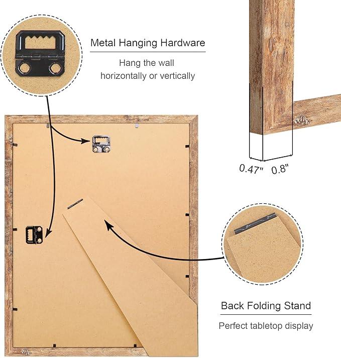 11x14 Picture Frame Set of 4, 11 x 14 Wood Photo Frames with Mat for 8x10, Natural Wooden Frame with Real Glass Cover for Wall and Tabletop Display,Brown