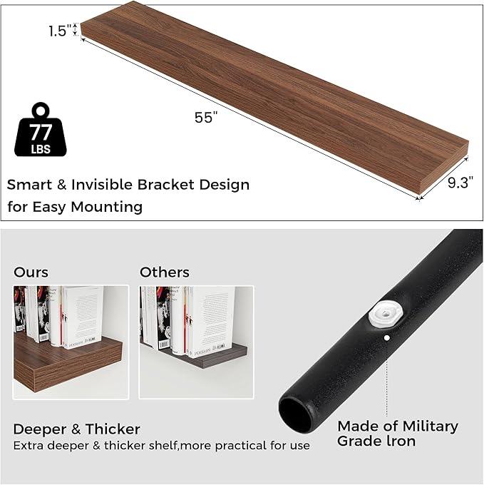 Floating Shelves for Wall, Large Wall Mounted Shelves with Invisible Brackets, Long Wood Floating Shelf for Living Room, Bedroom, Kitchen, (Walnut, 55