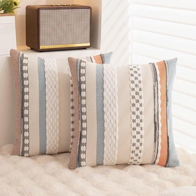 Boho Throw Pillow Covers 18x18 Set of 2 Farmhouse Decorative Cushion Case Striped Square Pillows Cover Chenille Pillow Cases Accent Neutral Pillowcase for Sofa Couch Bed,Orange-Blue