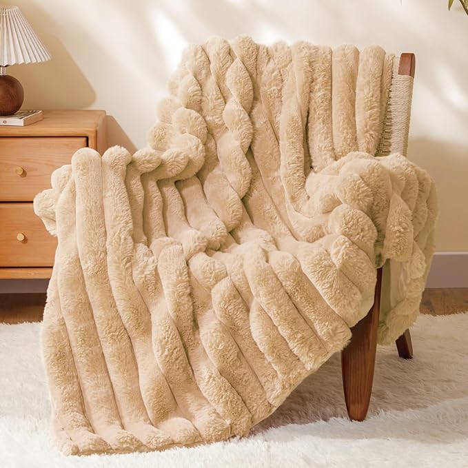BEDELITE Faux Fur Throw Blanket for Couch, Soft and Cozy Luxurious 3D Striped Fluffy Blanket, 770GSM Thick Warm Plush Fuzzy Faux Rabbit Fur Blanket for Women Gift (Brown, 50