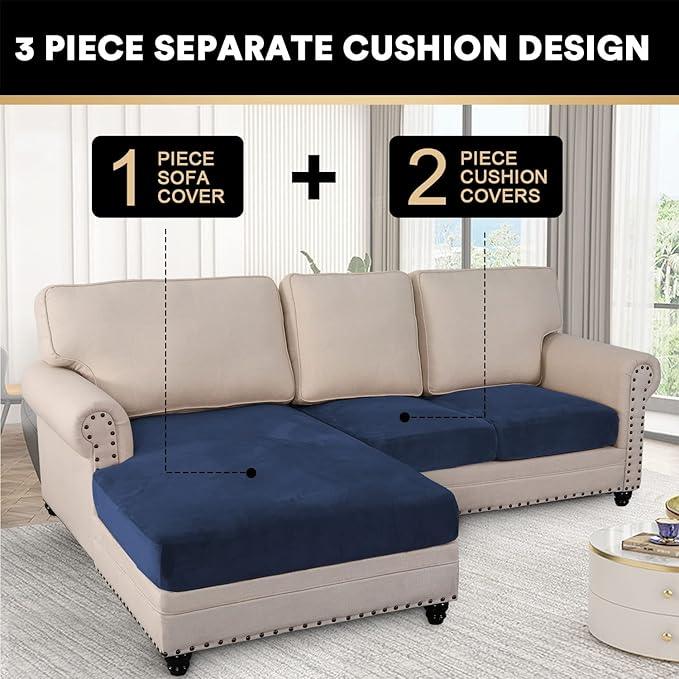 PrinceDeco Sectional Couch Covers 3 Pieces Velvet Sofa Covers L Shape Soft Couch Covers for Sectional Sofa Corner Sofa Cover Couch Cover for Dogs Washable (2 Seater + 1 Chaise,Navy)
