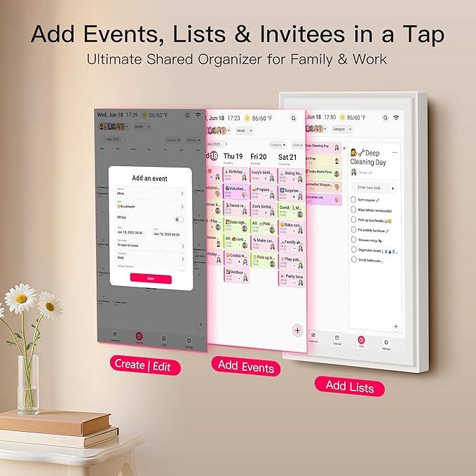 15.6 Inch Digital Calendar, Full HD Touchscreen Smart Planner for Family Schedules - Wall & Desk Mount, Great for Seamless Daily Planning & Household Organization, with LED Reminder Light