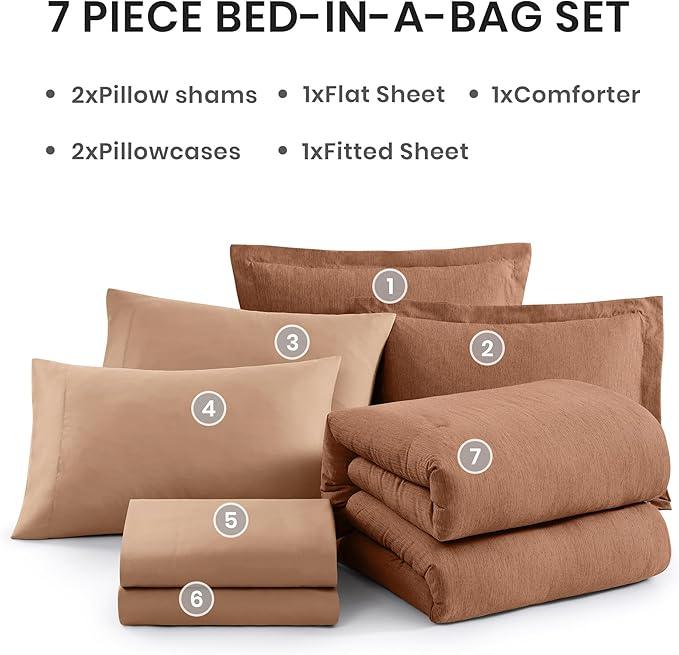 Monbix California King Comforter Set - 7 Pieces Cationic Dyeing Autumn Leaf Bed in a Bag Cal King Bed Sets with Comforter, Sheets, Pillowcases & Shams, Reversible Bedding Comforters Sets (108 * 92)
