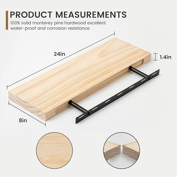 Fun Memories Farmhouse Floating Shelves - 8 Inch Deep Rustic Wood Wall Shelf - Premium Solid Pine Wood Storage Shelf for Kitchen Living Room Bedroom - 24