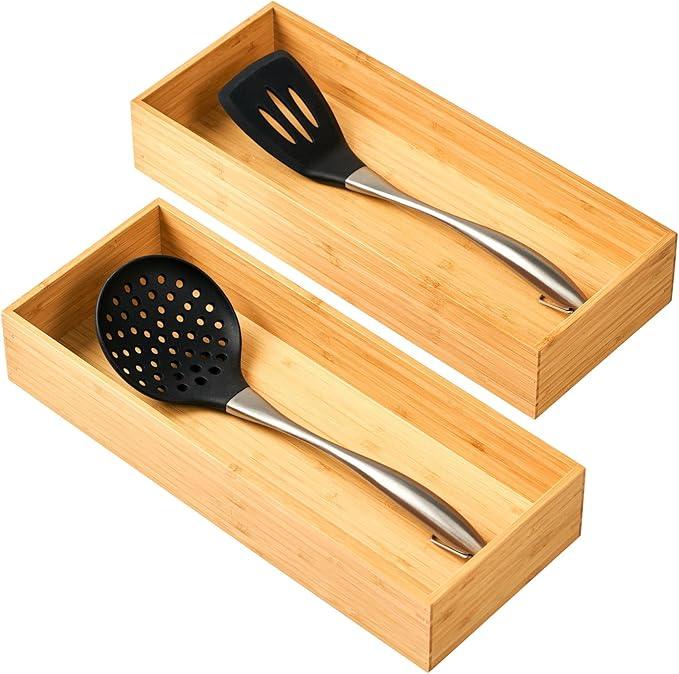 Umilife Bamboo Kitchen Utensils Organizer, Extra High Silverware Drawer Tray, Flatware Cutlery Storage Box, Multi-Use Holder in Office, Bathroom, Pantry - 15