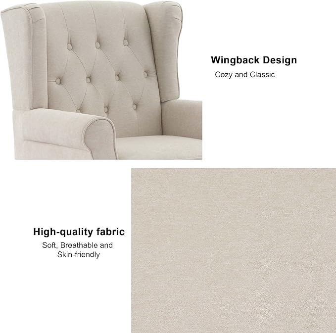 Accent Chair, Upholstered Armchair with Button Tufted High Back & Solid Wood Legs, Comfy Wingback Reading Single Sofa Chair for Small Spaces, Living Room, Bedroom (Beige, Set of 1)