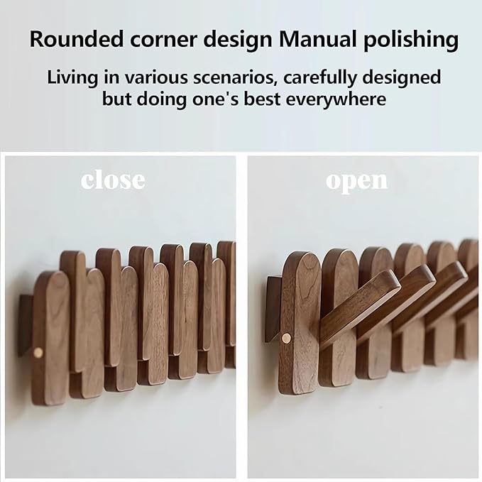 Wall Mounted Piano Key Hanger | Flip Style Hook | Entrance Wall Art Hook, Made of Oak Wood (3 Times Painted, 4 Times Polished) (Arc Walnut, 12Hooks)