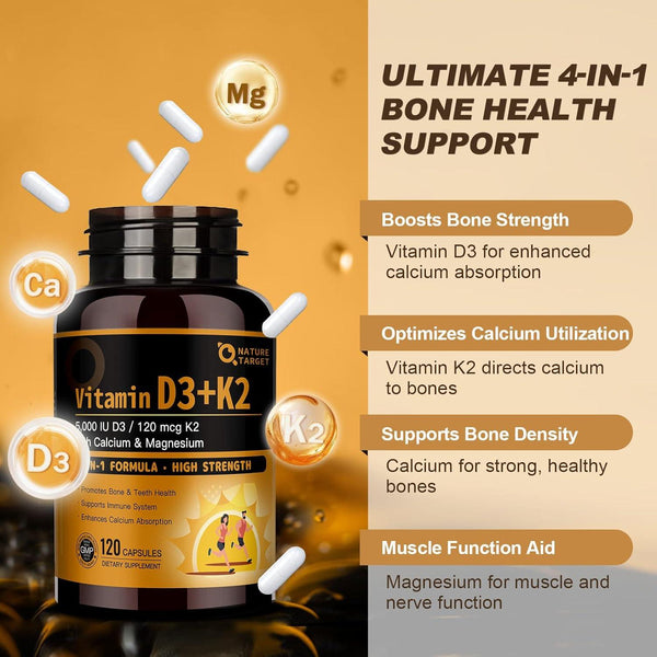 Vitamin D3 K2 Capsules Supplement with Calcium & Magnesium - Max Strength 4 in 1 Formula for Bone, Heart & Immune Support