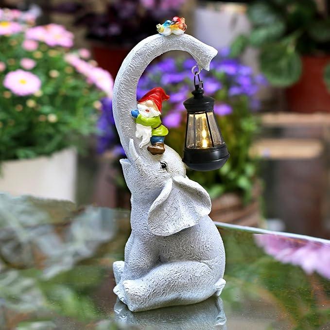 Elephant Statues Garden Decor - Lucky Elephant Outdoor Statues with Solar Powered Lantern, Elephant Statue Gifts for Women,Resin Yard Art for Outdoor & Home Decor(11