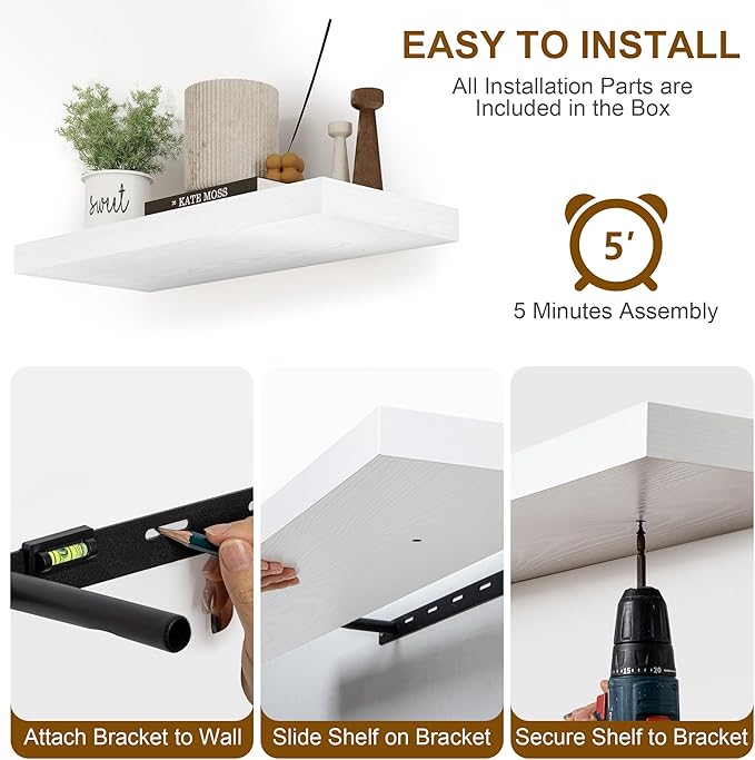 White Floating Shelves 48 Inch Long, 8 Deep Floating Shelves for Wall, Rustic 48