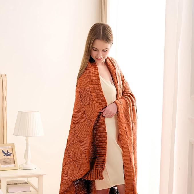 CozeCube Check Knit Throw Blanket, Rust Orange Checkered Throw for Couch, Decorative Christmas Soft Cozy Warm Knitted Blanket for Bed Sofa Living Room, 50