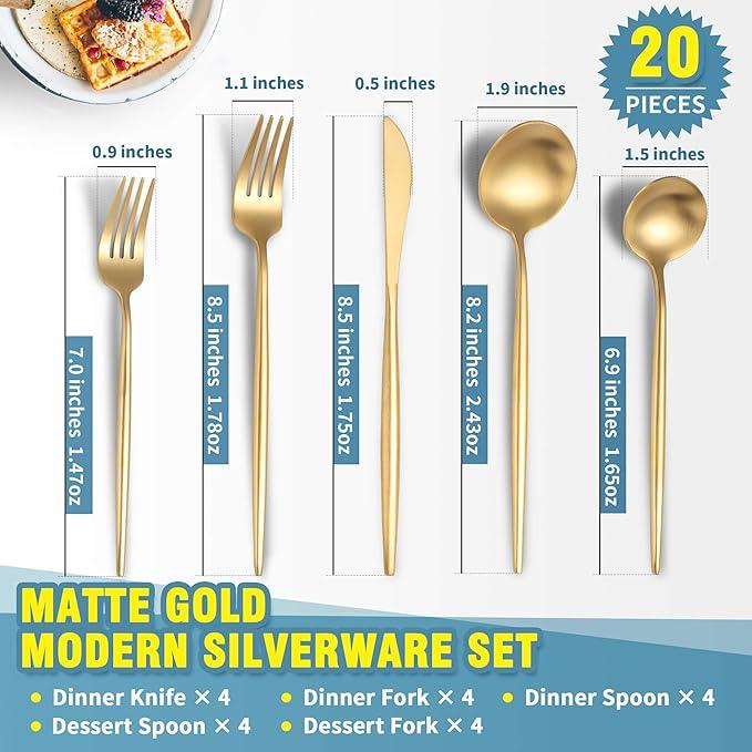 Matte Gold Silverware Set for 4,Modern Stainless Steel Brushed Cutlery Set,20-Pieces Heavy Duty Flatware Set,Knives Spoons and Forks Set Utensils Set, Satin Finish, Dishwasher Safe