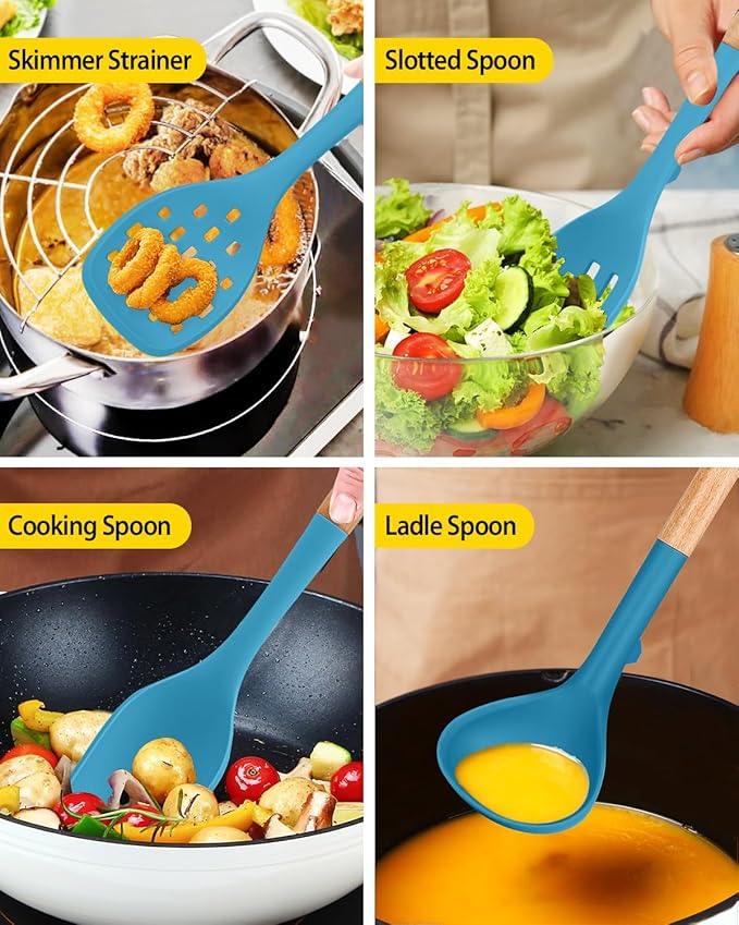 Silicone Kitchen Utensil Set for Non Stick Cookware, 7 Pcs Heat Resistant Cooking Utensils with Wooden Handle, BPA Free Kitchen Tools with Spatulas, Spoons, Skimmer and Pasta Fork (BLUE)