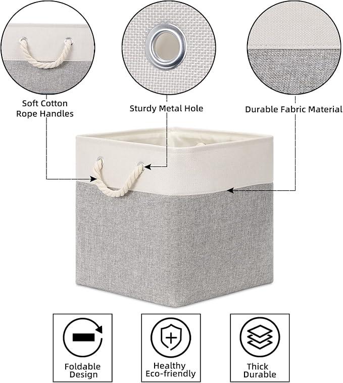 Bidtakay Fabric Basket Set - Large Square Organizer Bins, 13x13, Set of 3, White & Grey