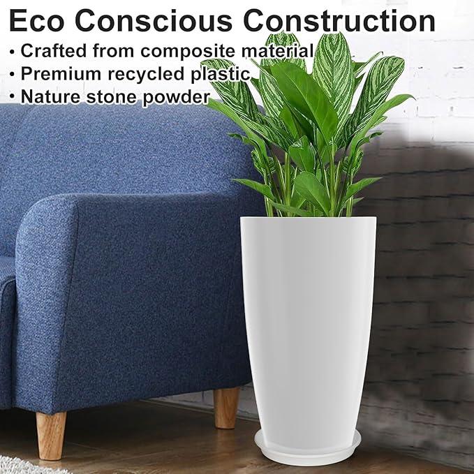 Tall Flower Pot Indoor - Outdoor Plant Pot - White Glossy Planter - Elegant Ceramics Imitation - 12