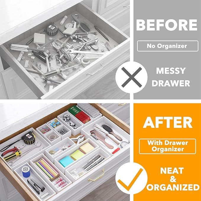 SpaceAid 14-Piece Bamboo Drawer Organizer Storage Boxes Set, Wood Tray Junk Drawer Organizers Multi-Use Divider Bins for Kitchen, Bathroom, Office Desk and Makeup Organization (14 Pack, White)