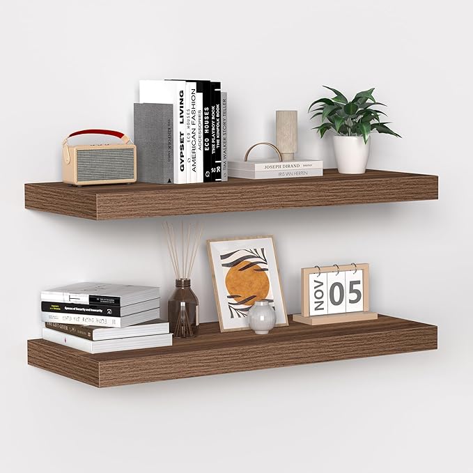 Fun Memories Floating Shelves - 24 Inch Rustic Wooden Wall Shelves - Extra Deeper & Thicker Wall Mounted Storage Shelf for Living Room, Kitchen, Farmhouse - 24