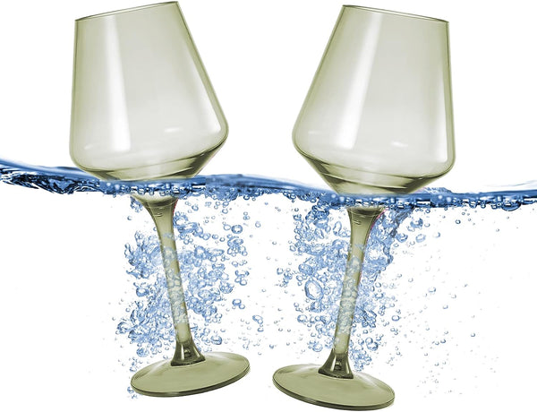 Floating Wine Glasses for Pool - Set of 2-15 OZ Shatterproof Poolside Wine Glasses, Tritan Plastic Reusable, Beach Outdoor Cocktail, Wine, Champagne, Water Glassware Spring Summer (Muted Green)