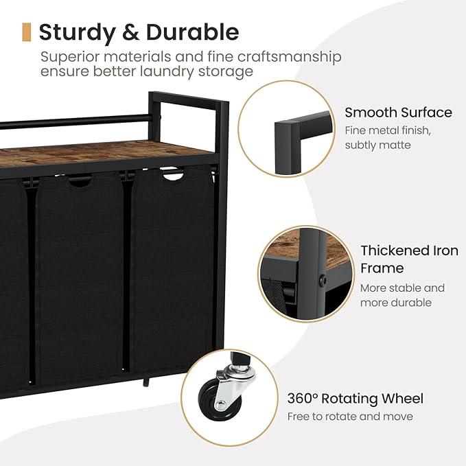 Laundry Hamper, Laundry Basket, Laundry Sorter with 3 Removable Bags, Clothes Basket with 3 Compartments, Wheels, Shelf for Laundry Room Bathroom Bedroom (3 Bags-Black)