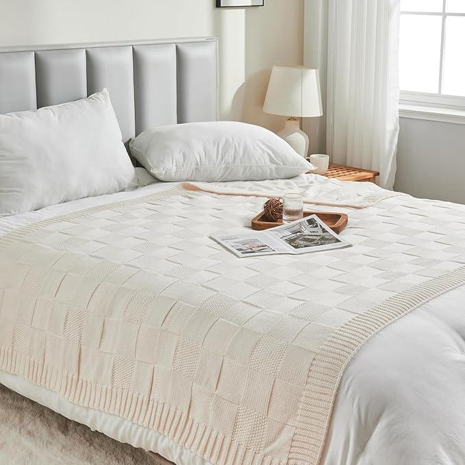 CozeCube Check Knit Throw Blanket, Cream White Checkered Throw for Couch, Decorative Christmas Soft Cozy Warm Knitted Blanket for Bed Sofa Living Room, 50